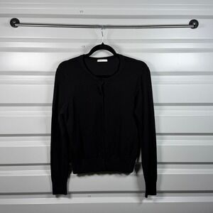 HM Women Black Button Front Crew Neck Fine Knit Long Sleeve Cardigan Sweater